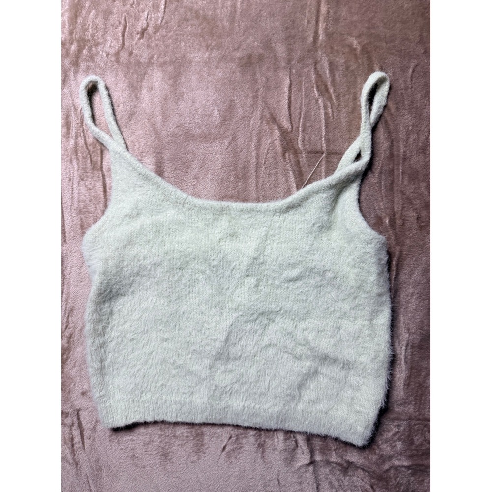 Kendall & Kylie Sage Green Fuzzy Knit Cropped Camisole Tank Top Small Cozy